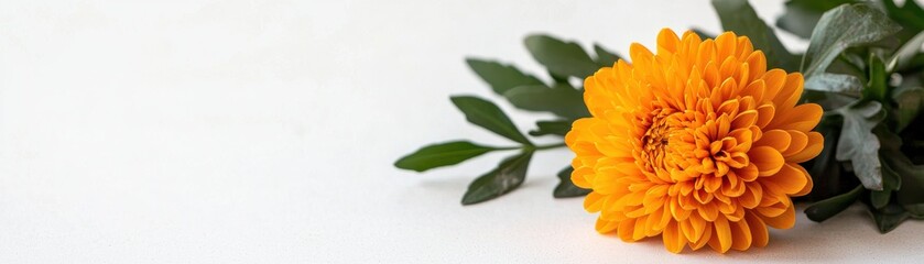 Bright orange flower with green leaves, isolated on white background.