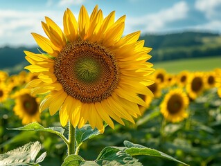 Close view of a sunflower with the rich green field stretching into the distance - ai