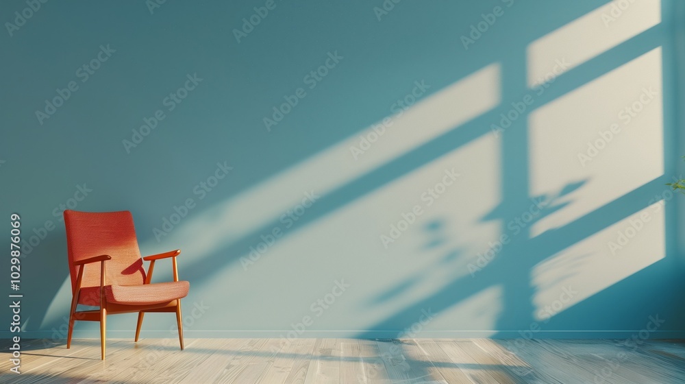 Wall mural Wooden Chair blank blue copy space wall shadow light alone