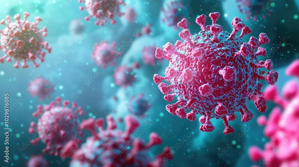 Poster close-up view of virus particles in vibrant colors, isolated on a soft background.