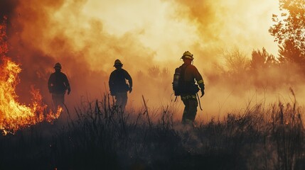 Fototapeta premium Firefighters battling wildfires during a natural disaster event.