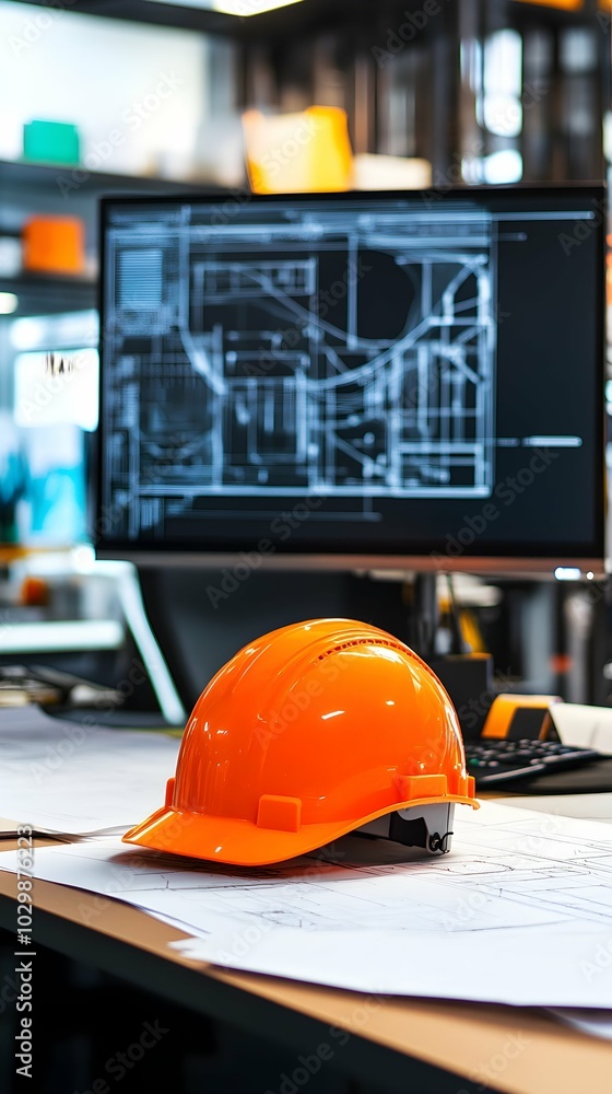 Wall mural Orange Hard Hat on Engineering Blueprint with Computer Monitor in Background.