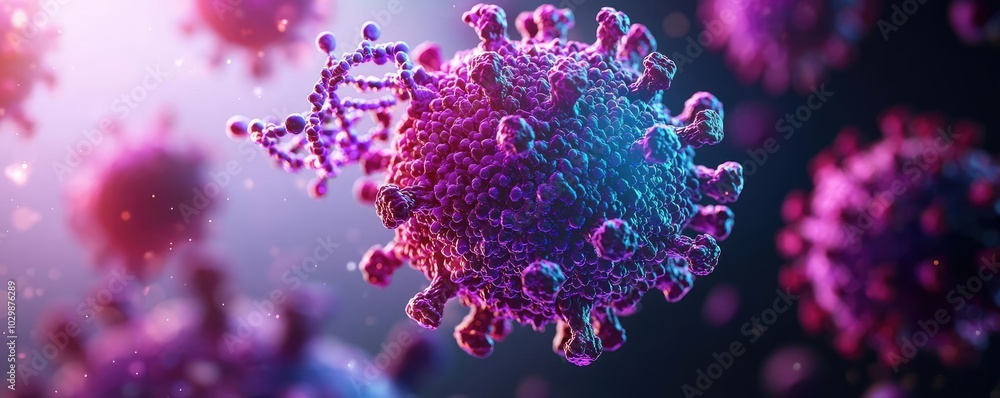 Poster close-up of a colorful virus structure on a dark background.