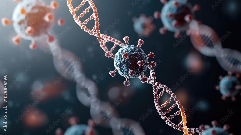 Poster microscopic view of virus structure with dna strands in dark backdrop.