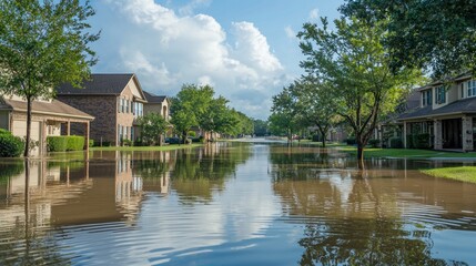 Obraz premium Floodwaters rising in residential neighborhoods after heavy rains.