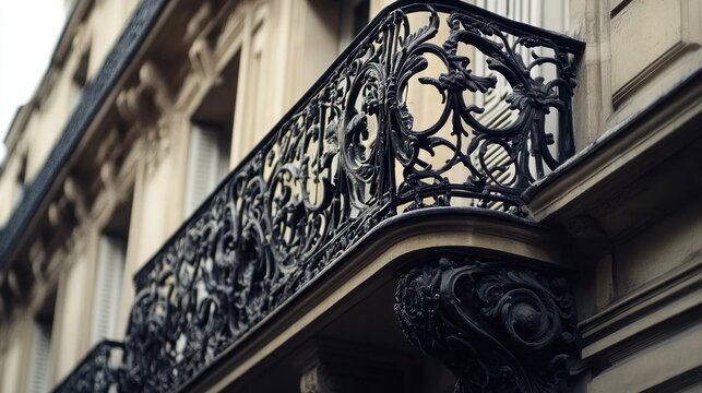 Fototapeta A low angle view of an ornate wrought iron balcony on a historic building in Paris, France.