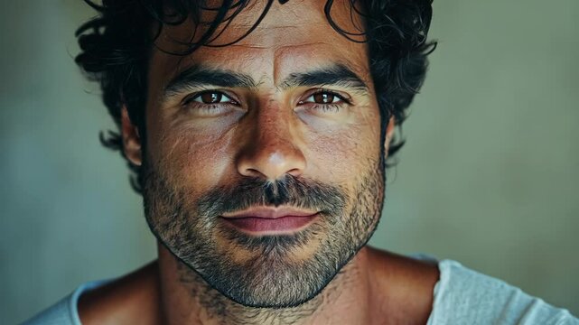 A man with dark hair and a beard smiles slightly at the camera