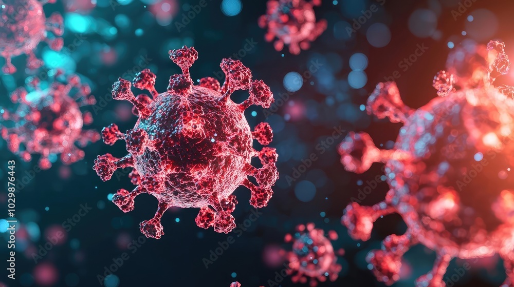 Poster microscopic view of a virus with colorful spikes and particles, dark background.