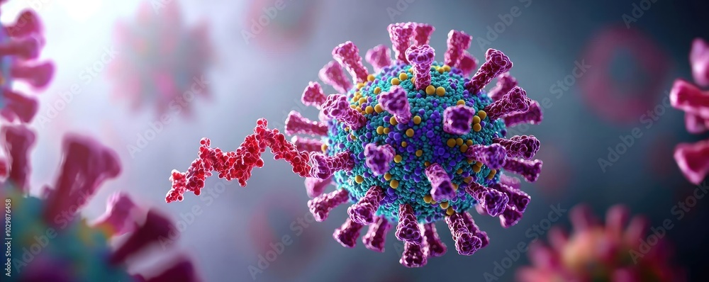 Poster 3d rendering of a virus with vibrant colors on a blurred background.