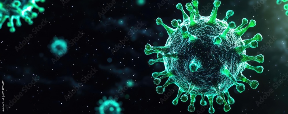 Poster close-up view of a virus under a microscope with a dark background.