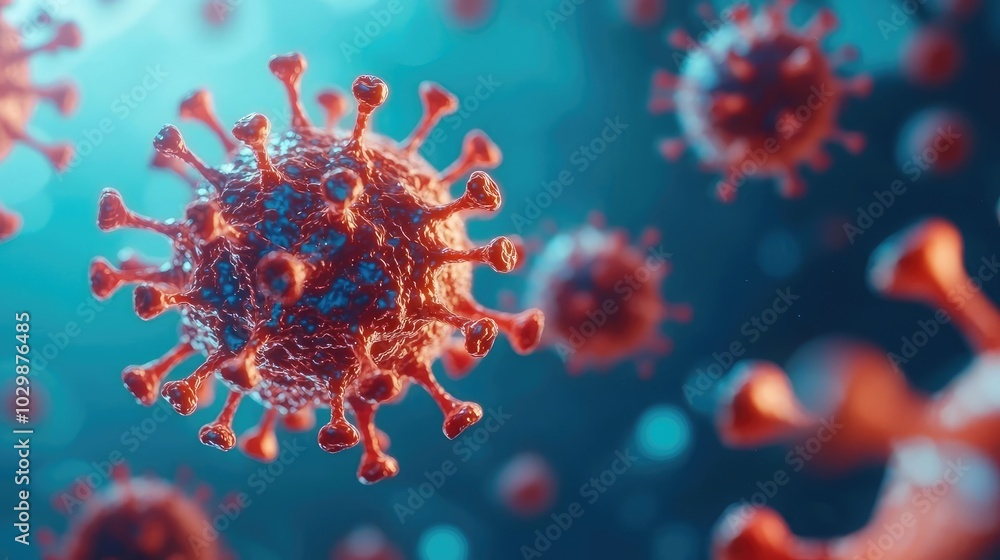 Poster 3d rendering of a virus representation on a blue background.