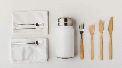 Stylish table setting with cutlery and a thermos on a white background.