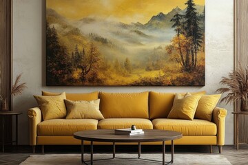 modern living room with sofa and beautiful wall scene