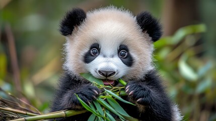 Obraz premium A cute baby panda with big eyes is eating bamboo shoots in a lush green forest.