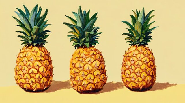 Three ripe pineapples are lined up in a row on a light yellow background