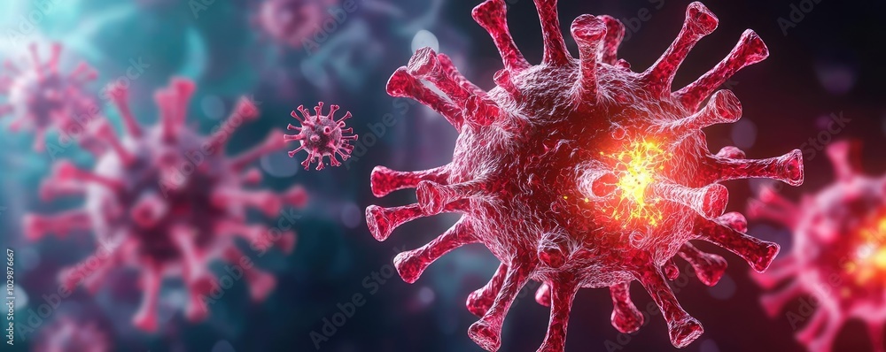 Poster close-up of a virus, highlighting its structure and features with a blurred background.