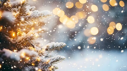 Delicate snowflakes falling softly in front of a glowing Christmas tree