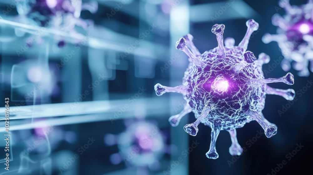 Poster 3d rendering of virus structure with purple highlights on a dark background.