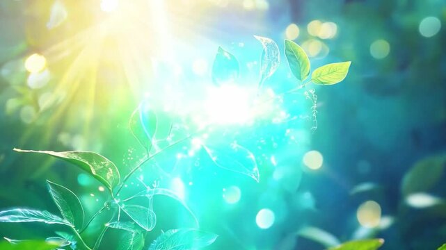 A scientific illustration of photosynthesis, showing energy flow from sunlight into a plant, with light particles converting into chemical energy