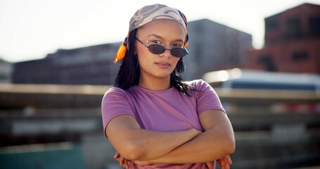 Fashion, sunglasses and portrait of woman in city with casual outfit, designer clothes and...