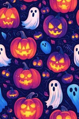 Obraz premium Colorful Halloween pattern with pumpkins and ghosts.
