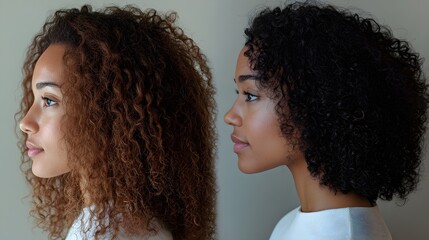 Photograph showing curly hair with visible frizz and coarseness before honey treatment, transitioning to sleek, glossy, and well-defined curls