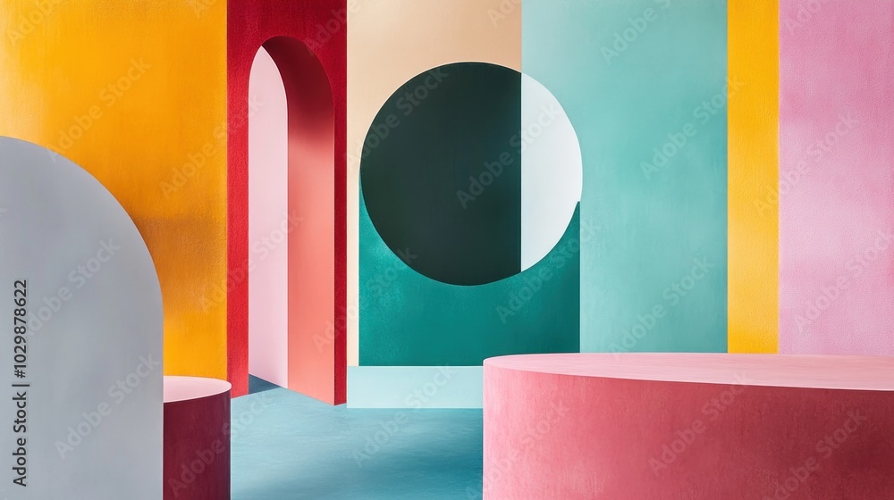 Poster a colorful abstract background with geometric shapes and a minimalist design.
