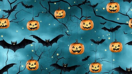 Halloween decorations with bats and pumpkins on blue background.