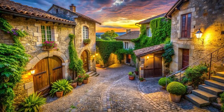 Long Exposure of a Charming Paved Yard Entrance and Traditional Stone House in Lectoure, Gers, South of France, Showcasing Scenic Beauty and Historical Architecture