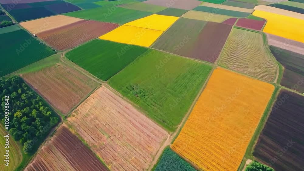 Poster an aerial view of a farm showing variable-rate technology in action, with different colors indicatin