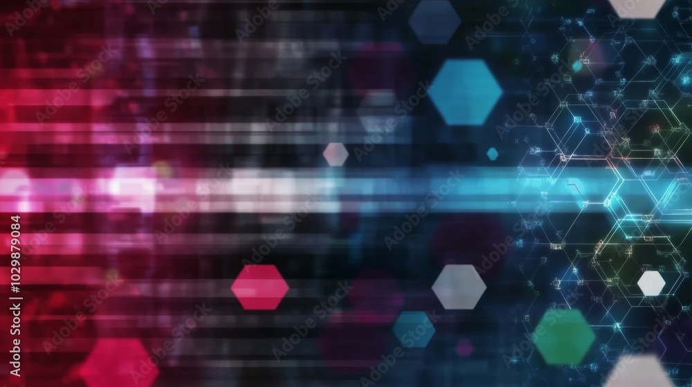 Poster Colorful Digital Abstract with Hexagonal Patterns and Technological Elements