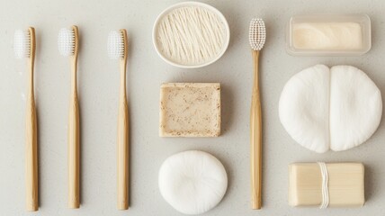 Eco-friendly personal hygiene products on a neutral background.