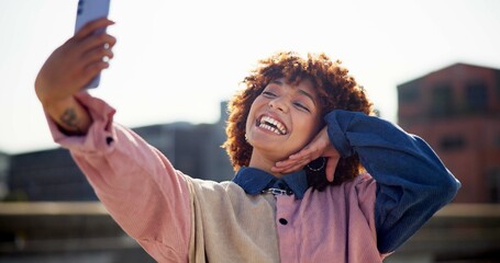 Outdoor selfie, woman and vacation in city, photography and confident for street fashion. Female...