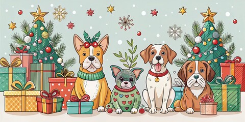 Merry Christmas and New Year Cartoon Cards Collection with Cute Illustrations, Gift Boxes, Dogs, and Modern Calligraphy for Holiday Celebrations and Festive Greetings