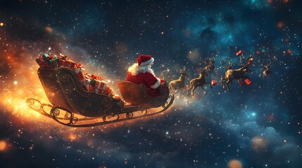 Santa Claus flying across a starry night sky in his sleigh