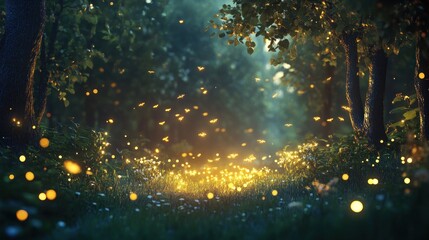 A magical forest scene with fireflies glowing in the air, a soft light on the ground, and trees surrounding the scene.