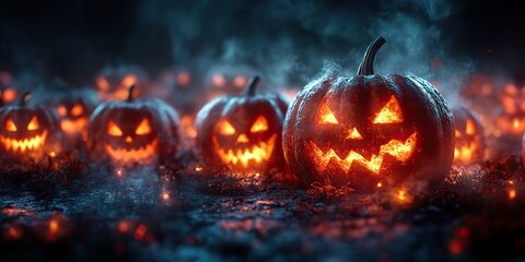 Naklejka premium Glowing evil pumpkins creating a spooky atmosphere on a foggy autumn night for a Halloween banner.