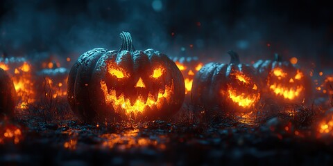 Fototapeta premium Glowing evil pumpkins creating a spooky atmosphere on a foggy autumn night for a Halloween banner.