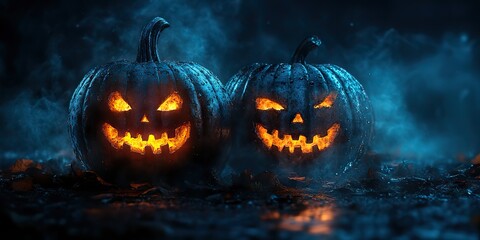 Glowing evil pumpkins in a foggy, eerie night setting, ideal for a Halloween banner background.