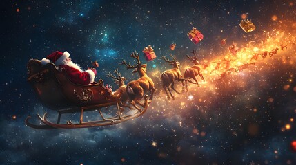 Santa Claus flying across a starry night sky in his sleigh