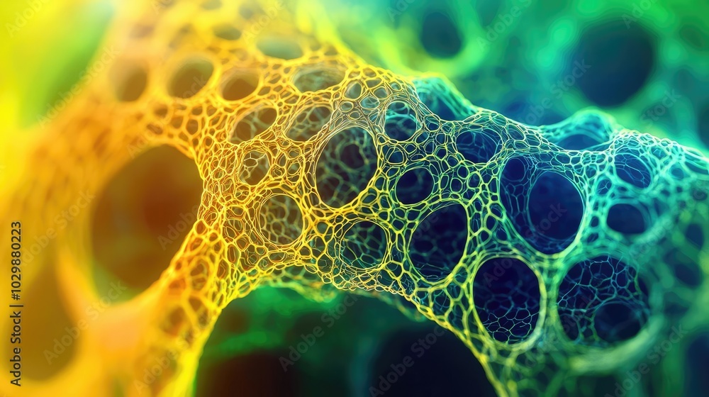 Poster colorful microscopic view of organic cells and bubbles with intricate patterns.