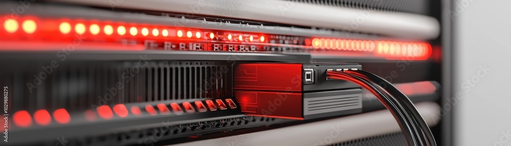 Poster red and black data cable in a server with illuminated led indicators.