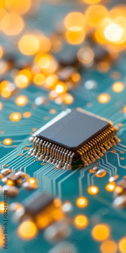 Fototapete Close-Up Macro Shot of Circuit Board with Glowing Bokeh Effects