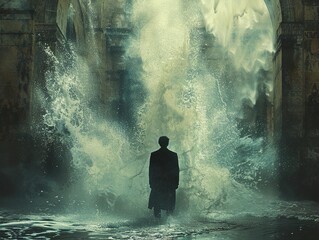 Obraz premium Man in the Ruins: A Surreal Vision of Water and Stone