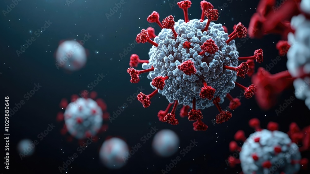 Poster 3d rendering of a virus molecule on a dark background.