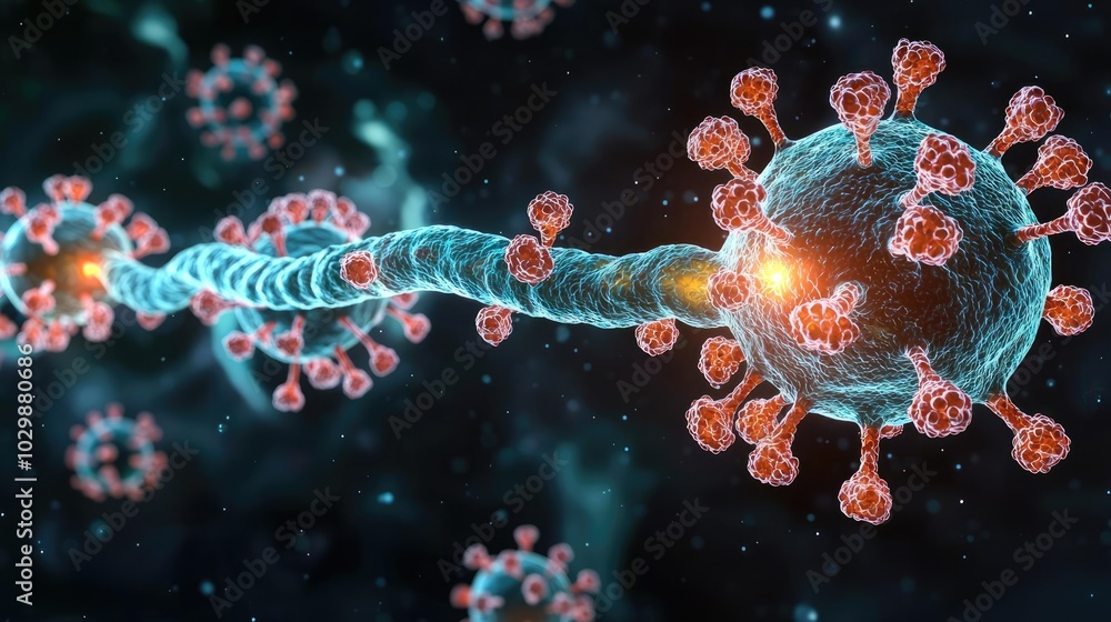 Poster illustration of a virus particle in a dark background with glowing elements.