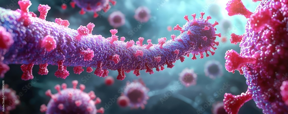 Poster microscopic view of virus structure on a luminous background.