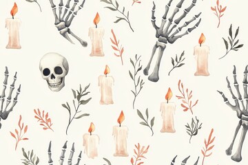 Naklejka premium Skeletons and candles pattern on a light background.