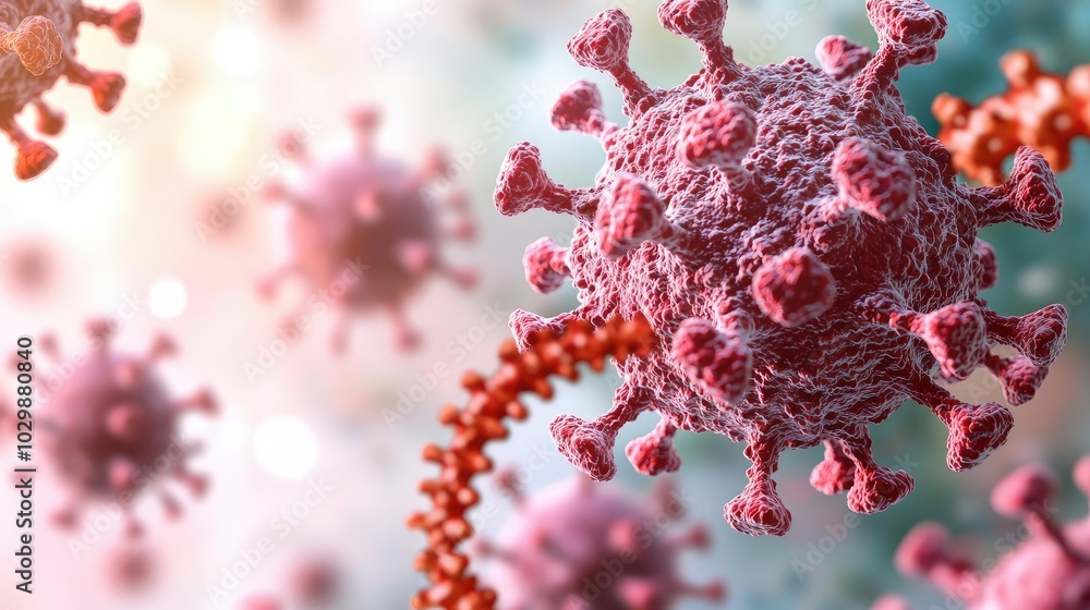 Poster colorful 3d rendering of a virus, isolated on a soft blurred background.