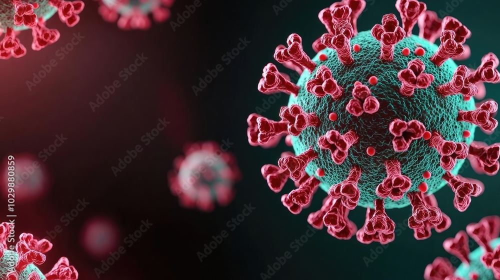 Poster microscopic view of a virus with detailed structures and vibrant colors.
